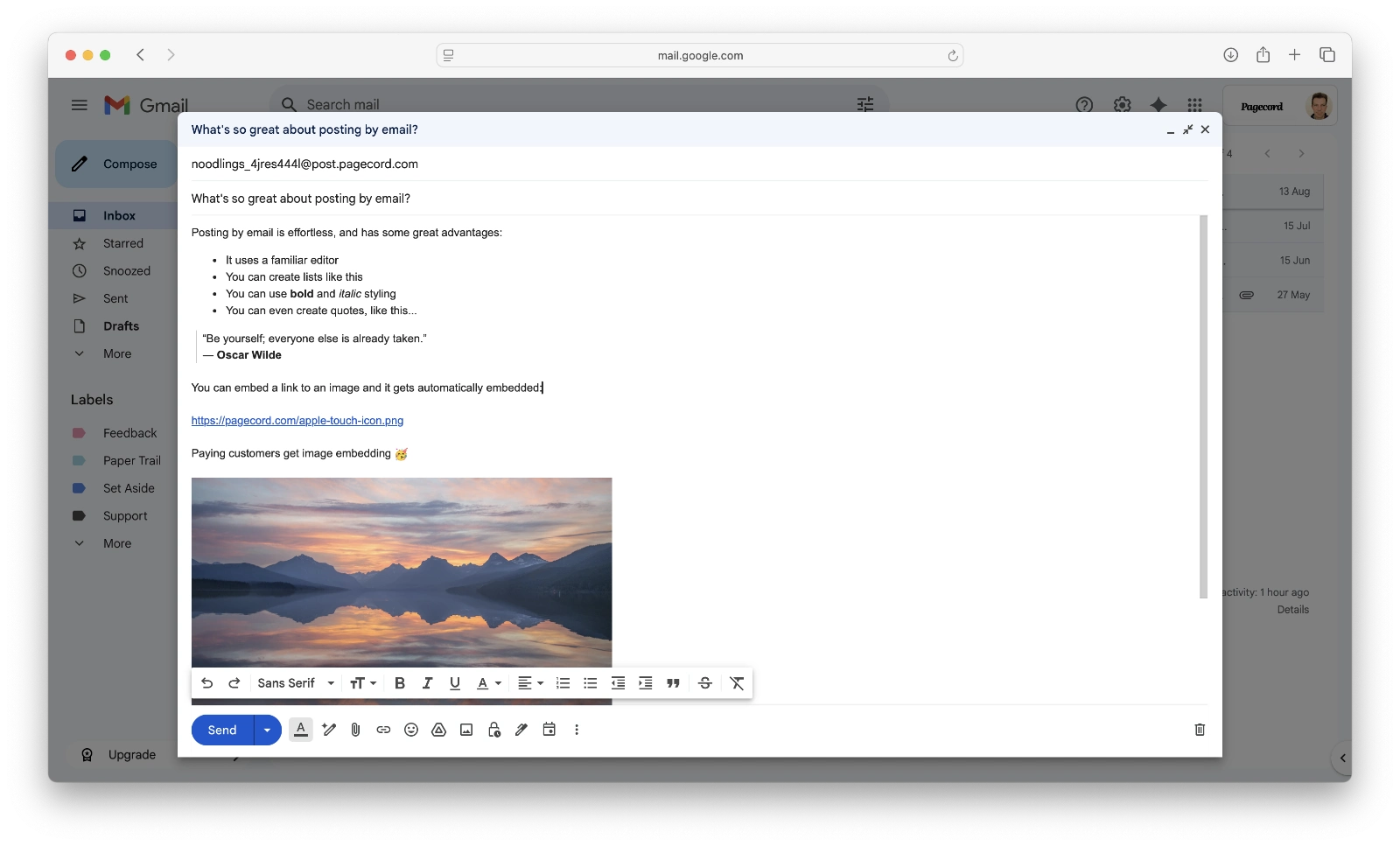 Screenshot of composing a post in Gmail