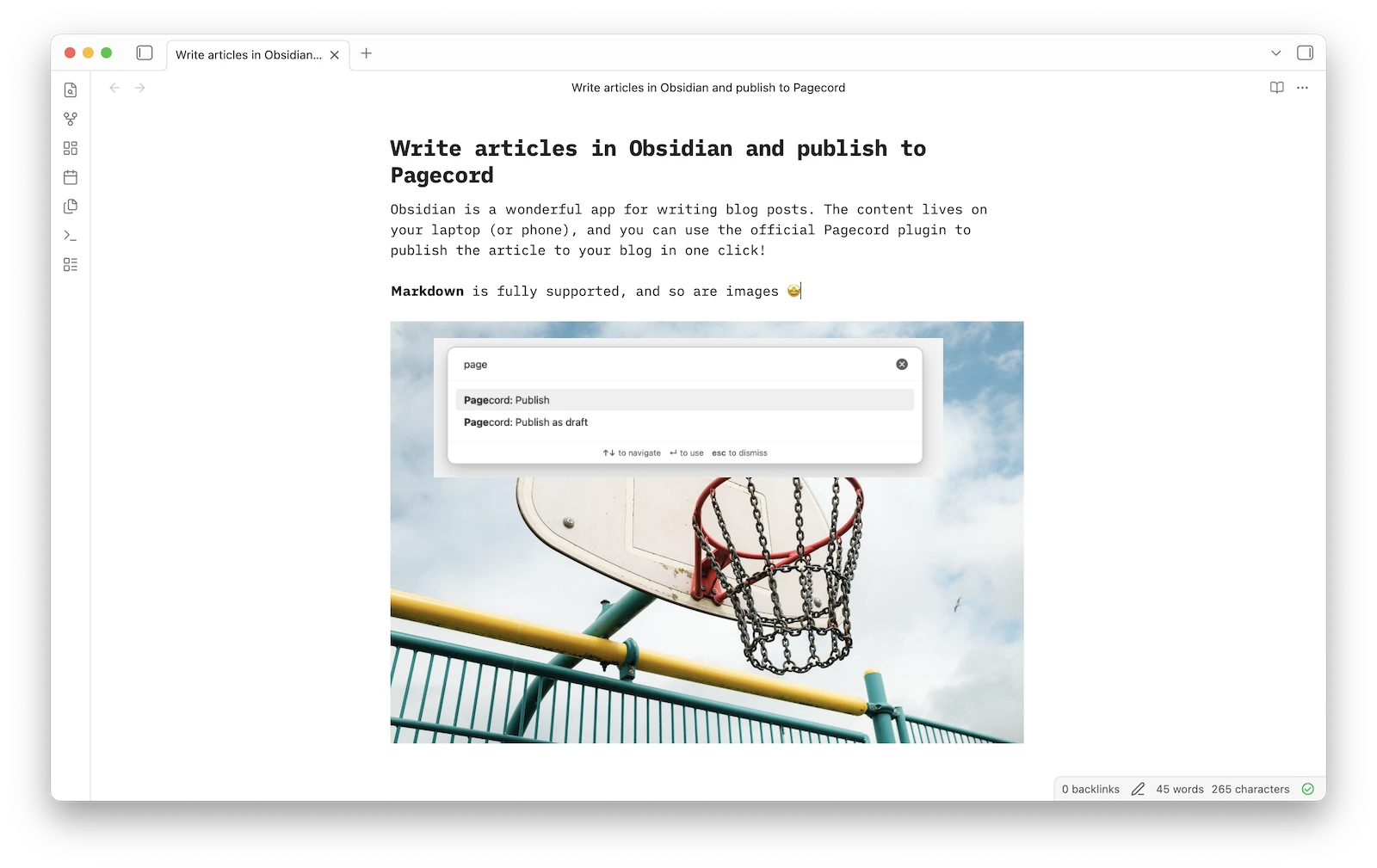 Screenshot of the composing a post in Obsidian