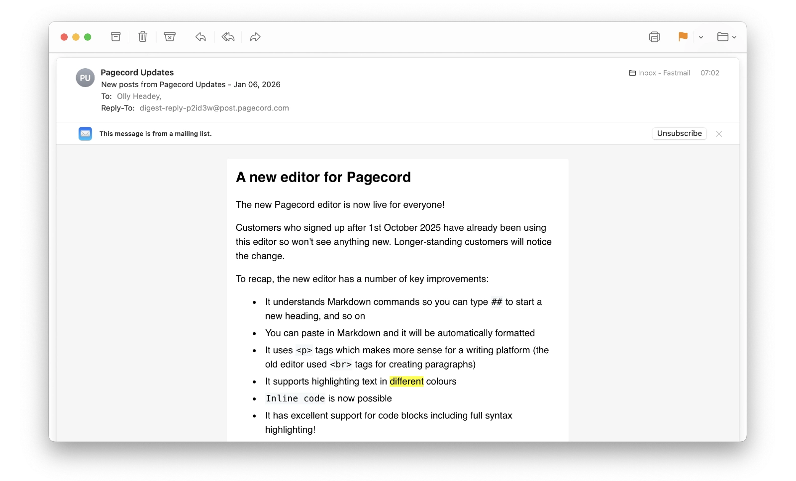 A screenshot of Apple Mail with a weekly digest email