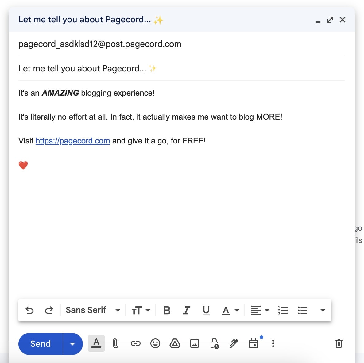 Screenshot of blogging via Gmail