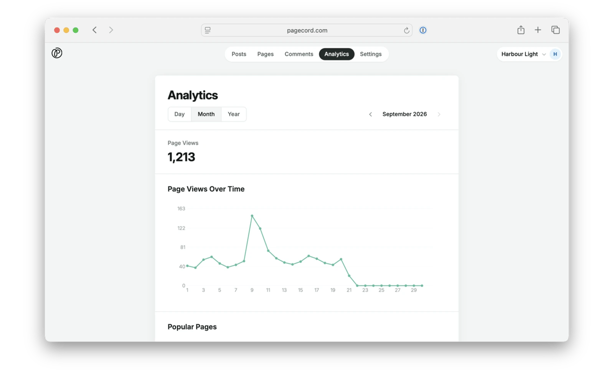 A screenshot of Pagecord's page view analytics page