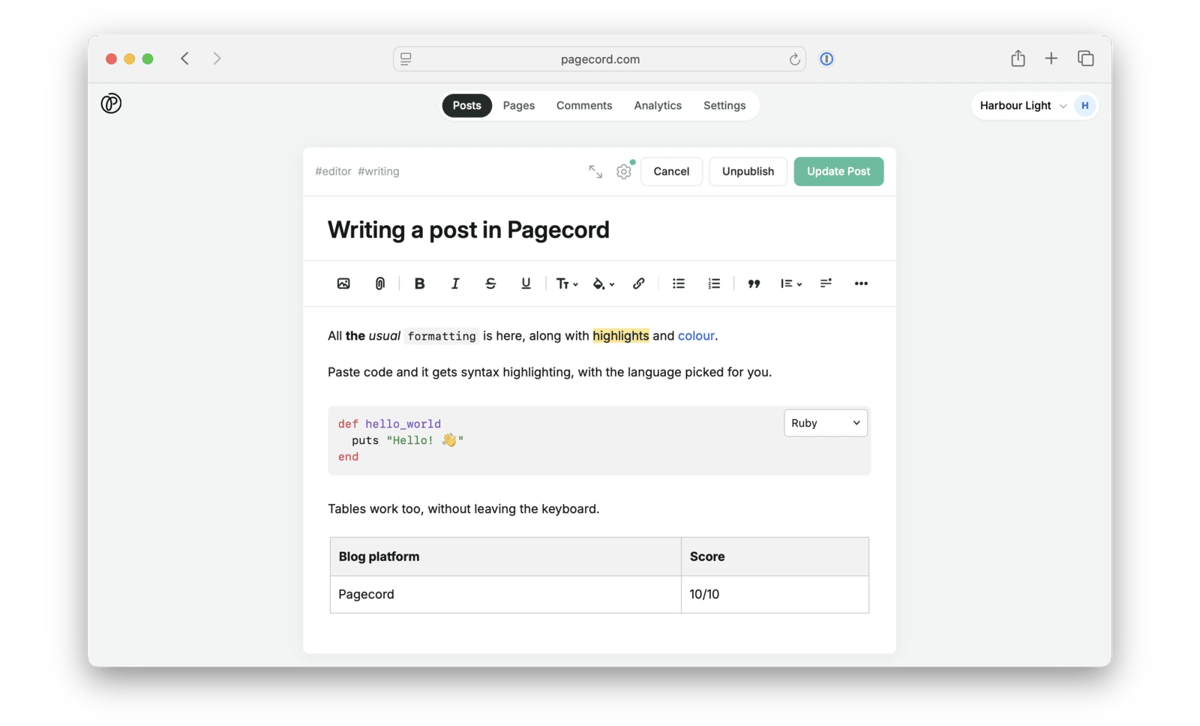 A screenshot of Pagecord's rich text editor