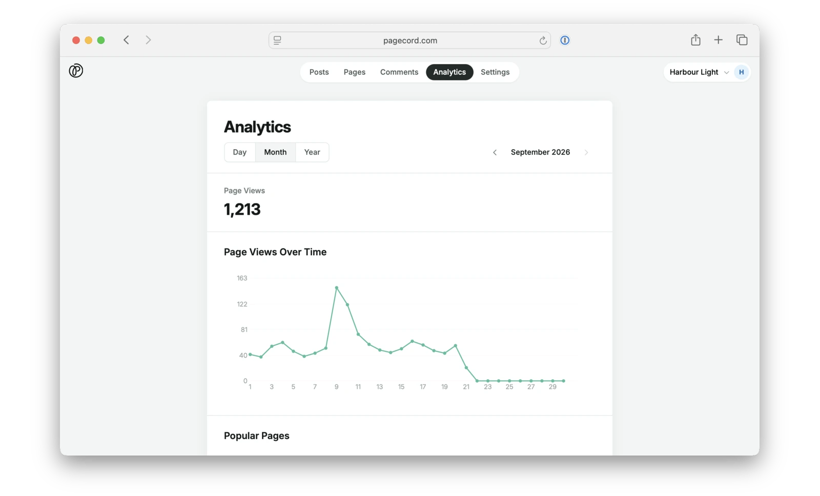 A screenshot of Pagecord's page view analytics page