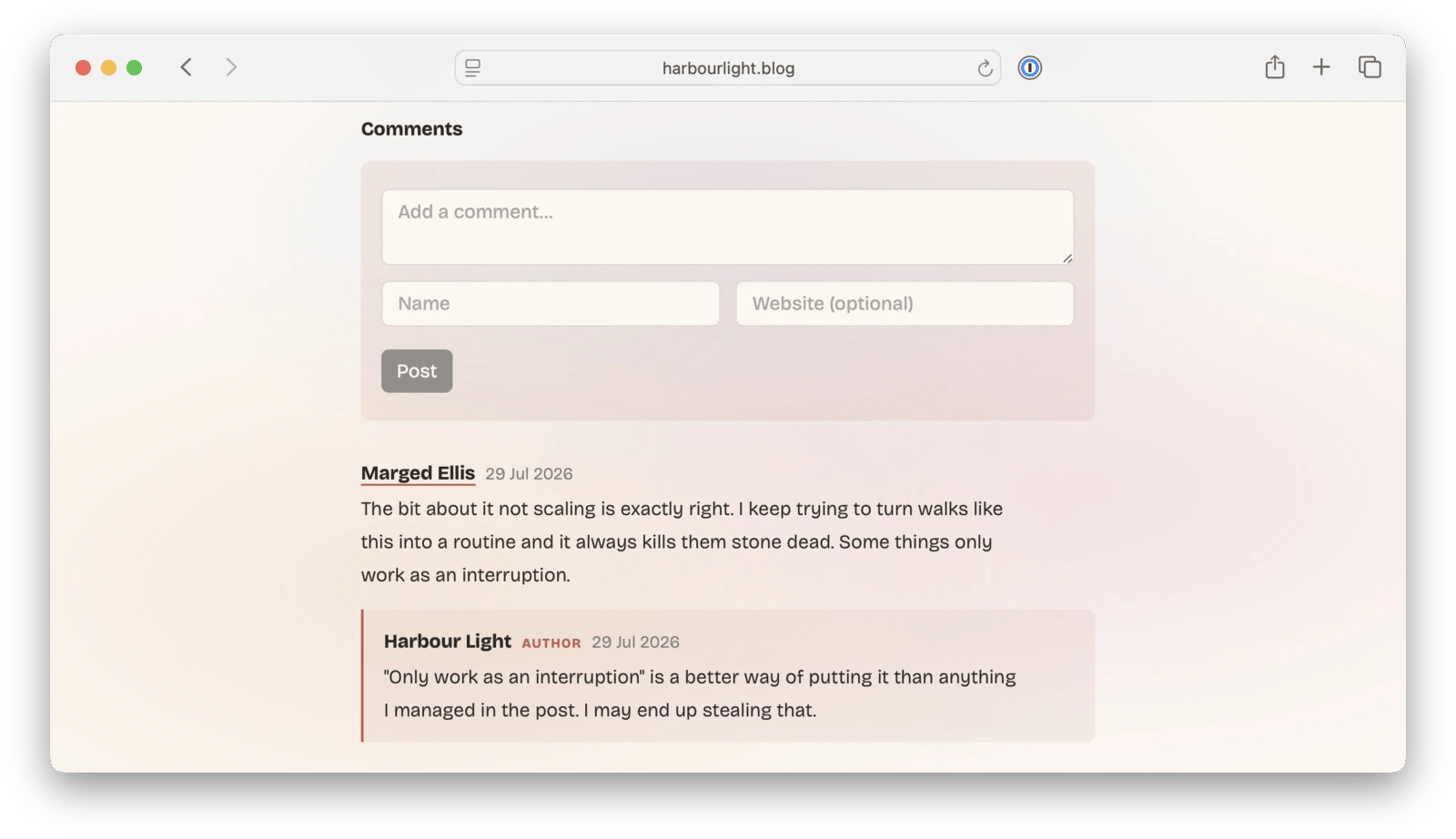 A screenshot of comments on a Pagecord blog post