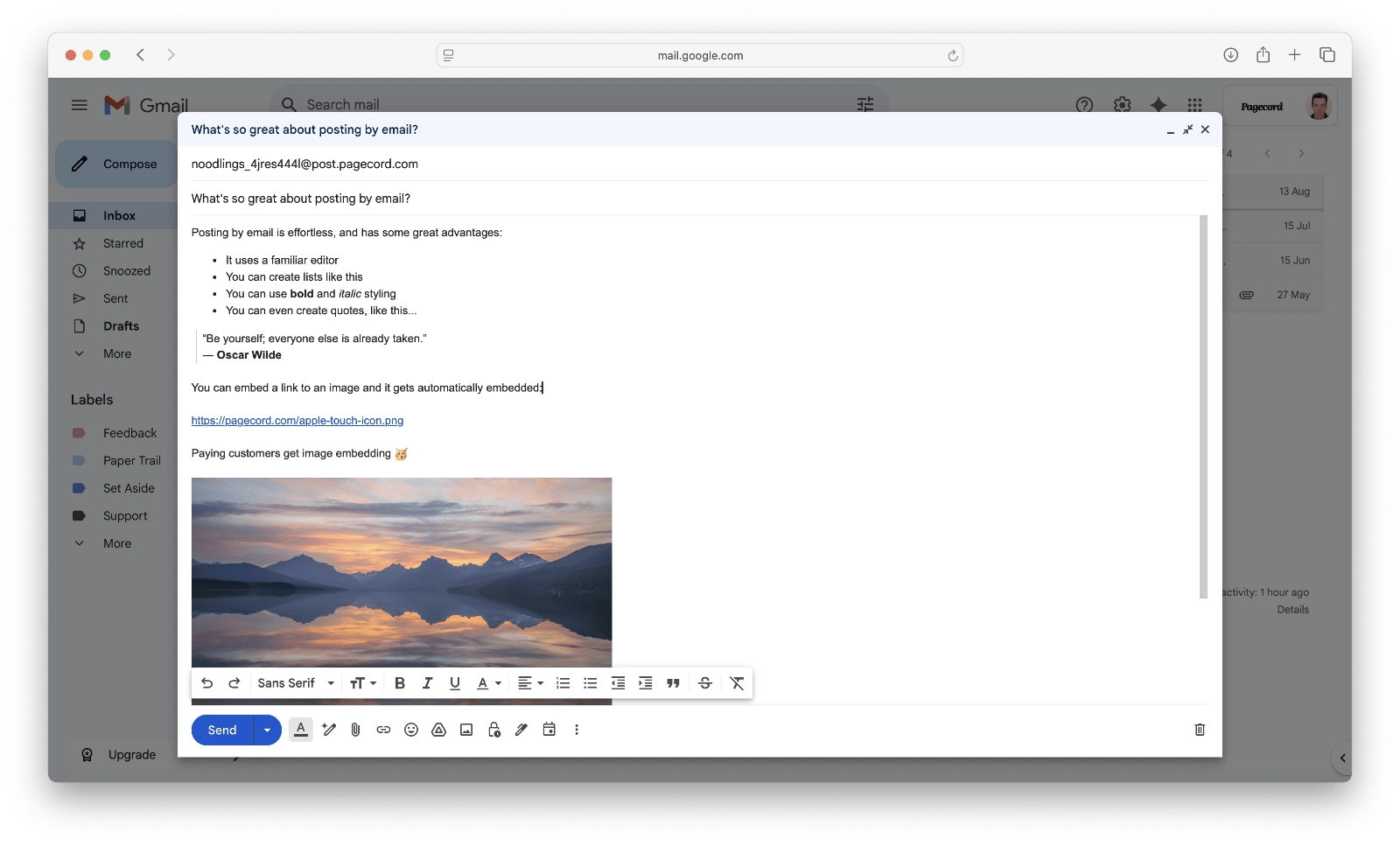 Screenshot of composing a post in Gmail