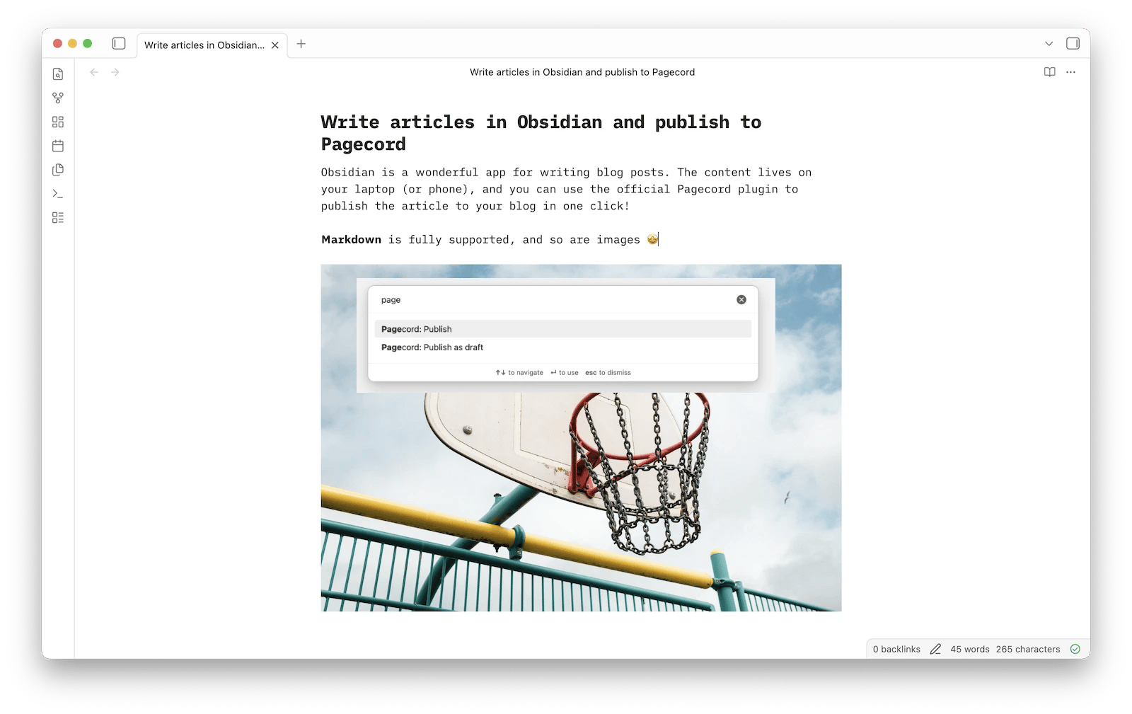 Screenshot of the composing a post in Obsidian