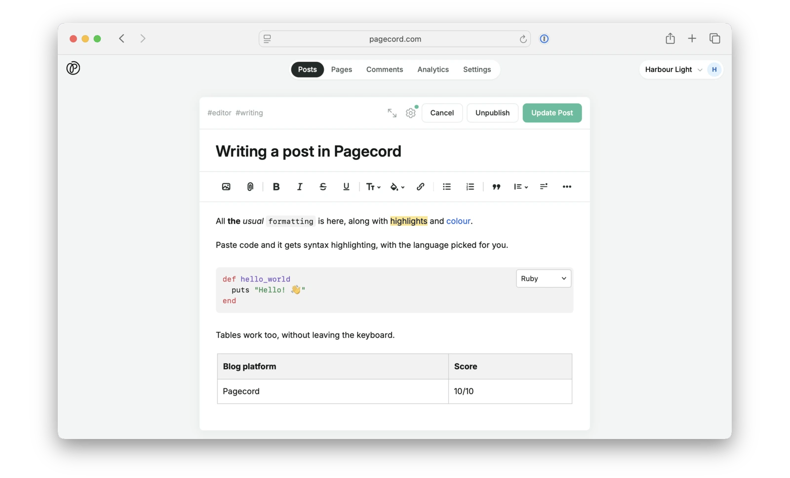 A screenshot of Pagecord's rich text editor