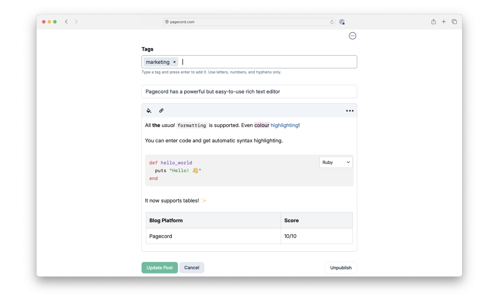A screenshot of Pagecord's rich text editor