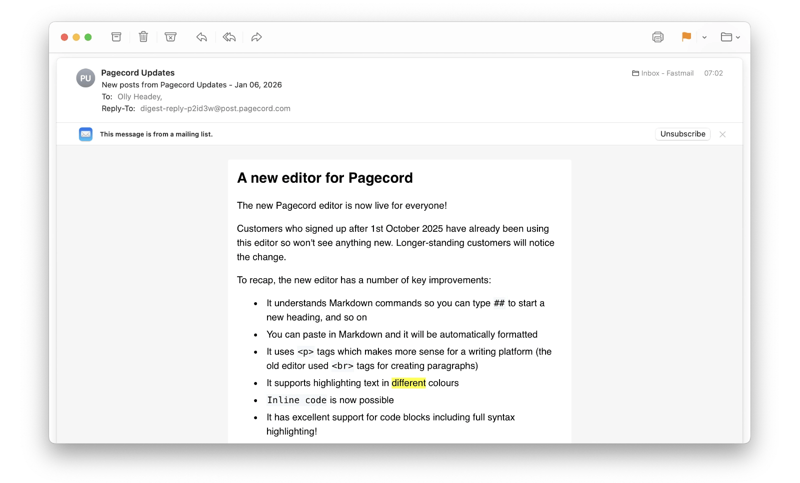 A screenshot of Apple Mail with a weekly digest email