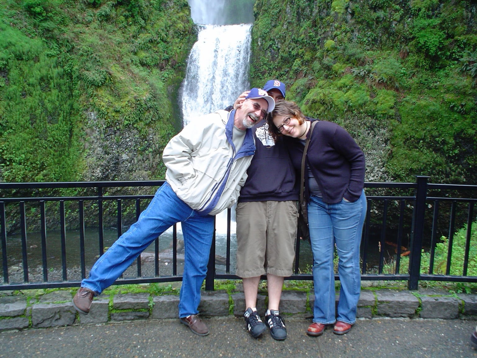 Horsing around with my dad and Tiff at Multnomah Falls in April 2005