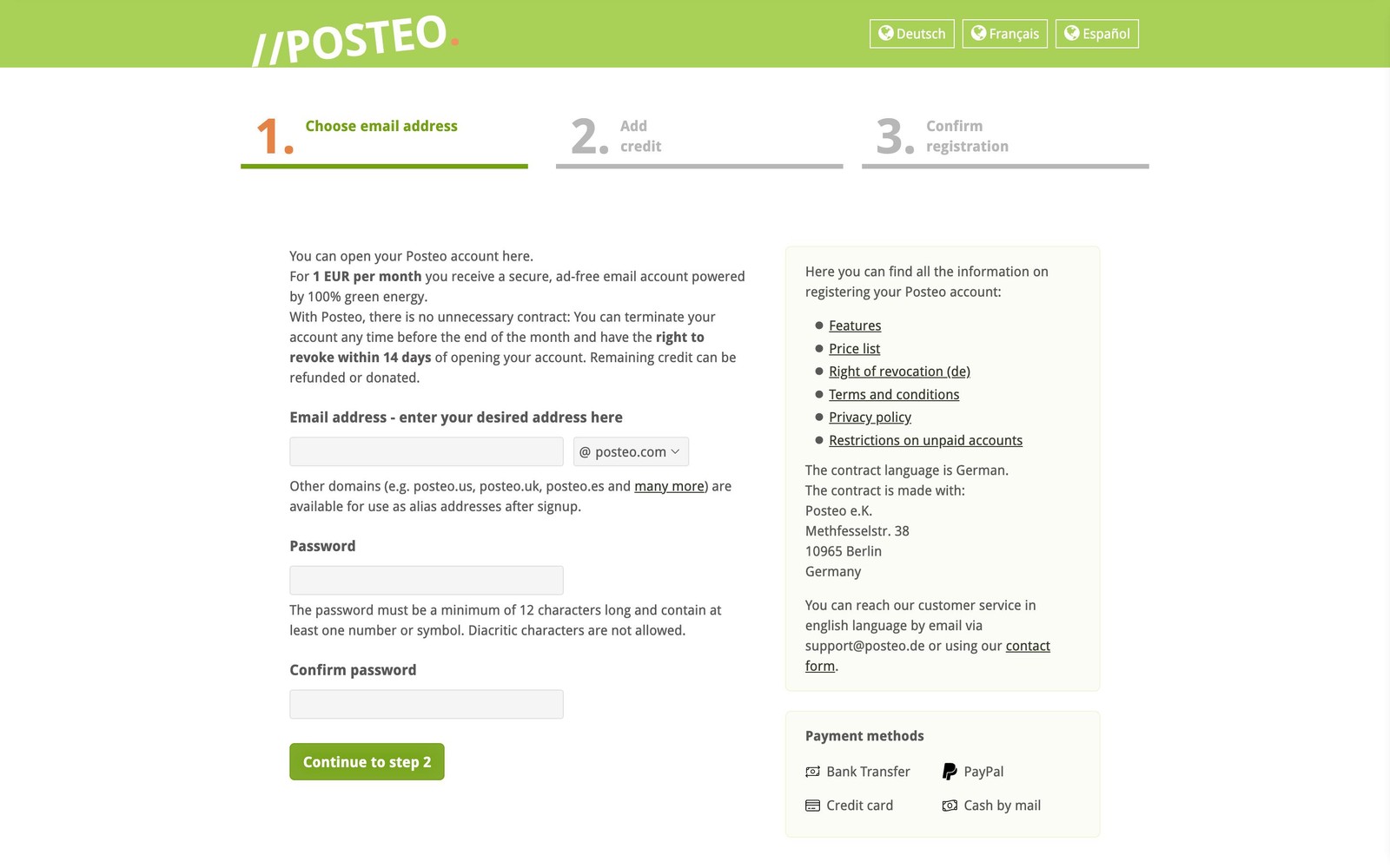 Posteo's sign-up page
