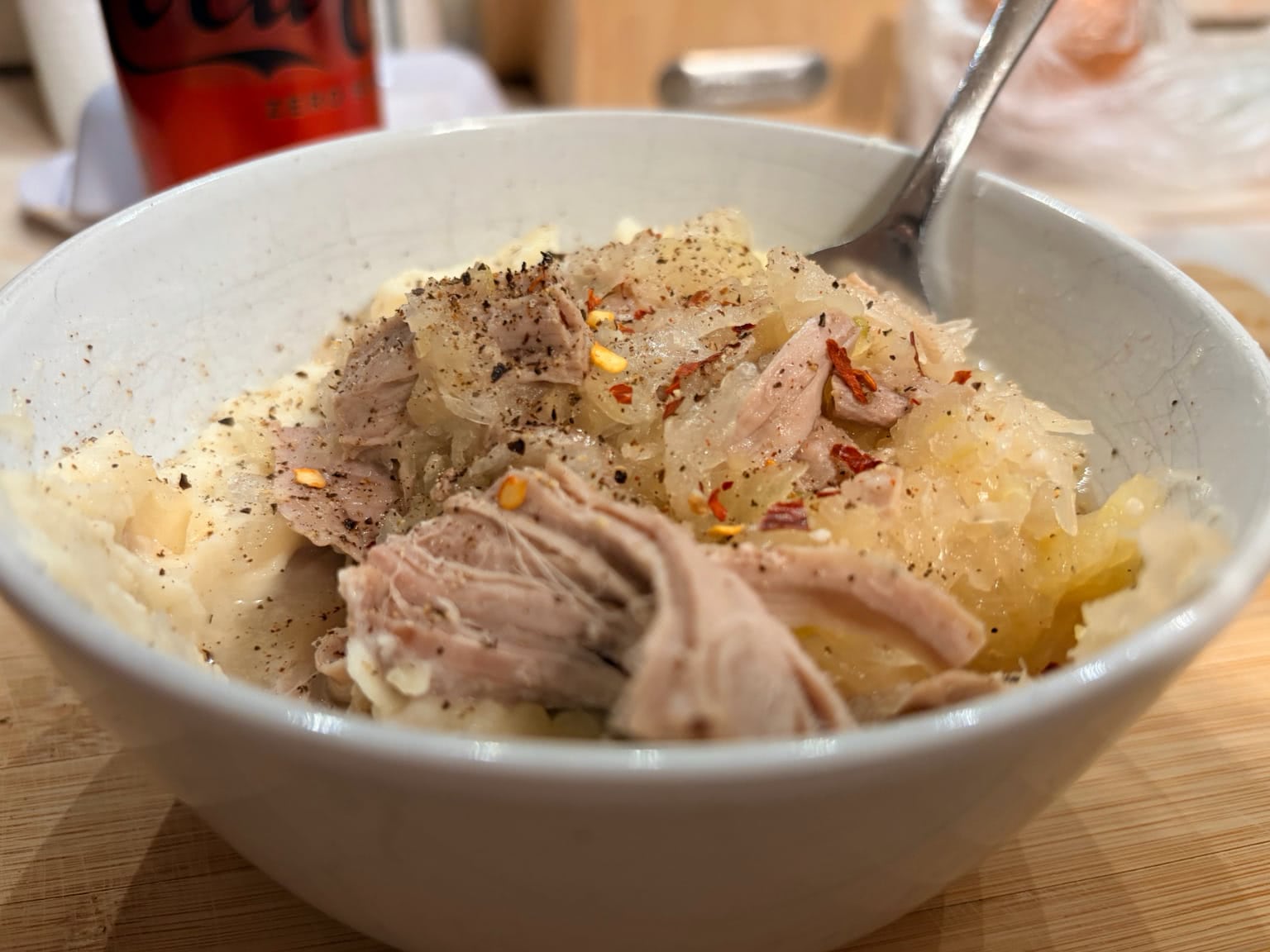 Pork and sauerkraut, served over mashed potatoes