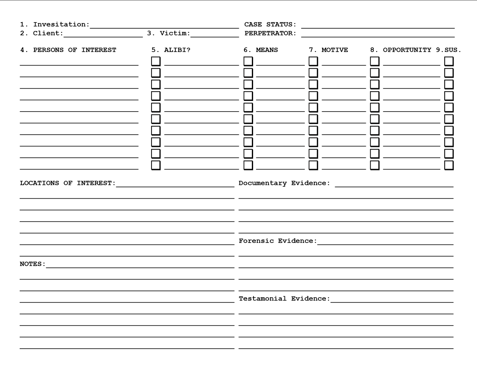 An example Investigation sheet