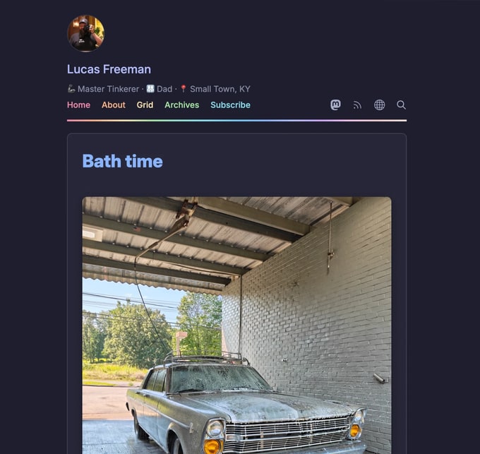 A Pagecord personal site with About, Grid and Archives pages and a photo post