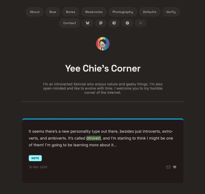 A Pagecord home page with an avatar, a short introduction, links to About, Now and Contact, and its latest post