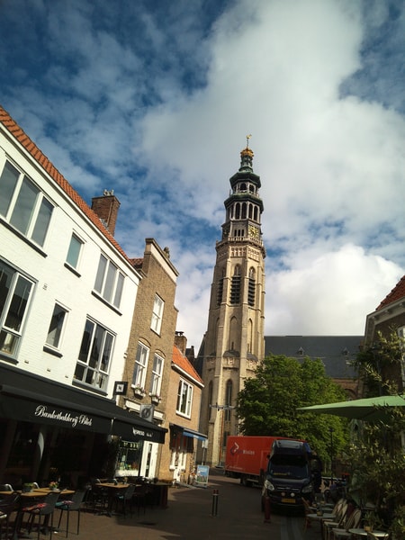 Walking towards the Middelburg Abbey, the tower of st John in the background