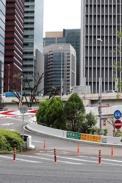 The off-ramp of one of the highways snaking around the skyscrapers of midtown Tokyo.